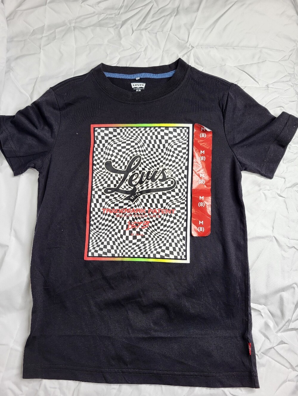 Levi's Black Short Sleeve Tee with Checker Graphic and Red Trim